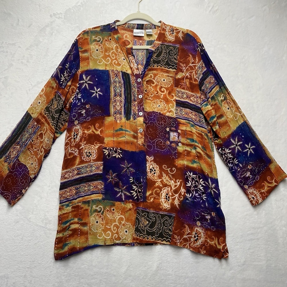 Chico's‎ Silk Top Womens Large (2) Artsy Colorful Sequins Beaded Patchwork